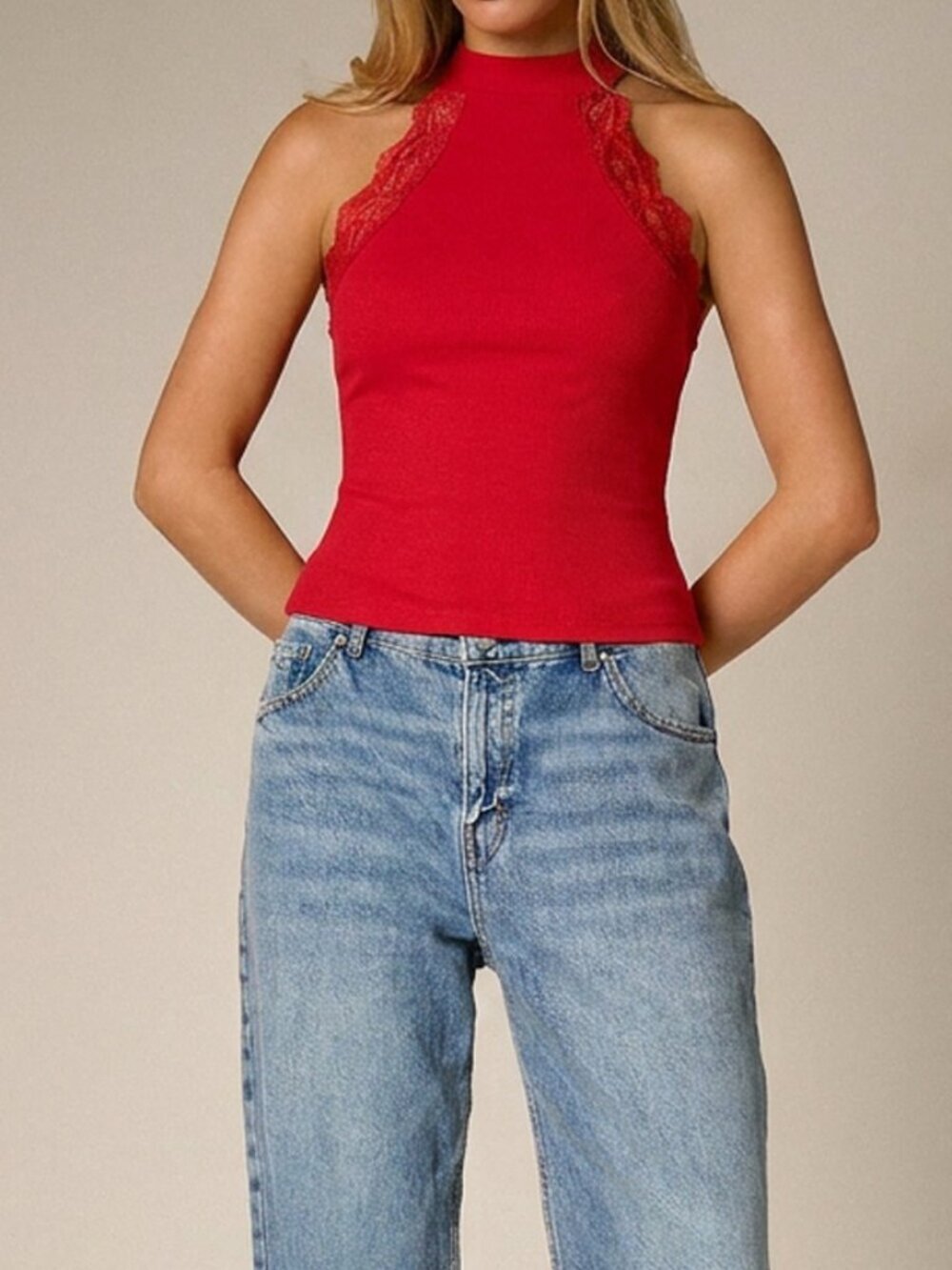 Red Casual Women's Lace Trim Halter Neck Ribbed Tank Top - Picture 3 of 5